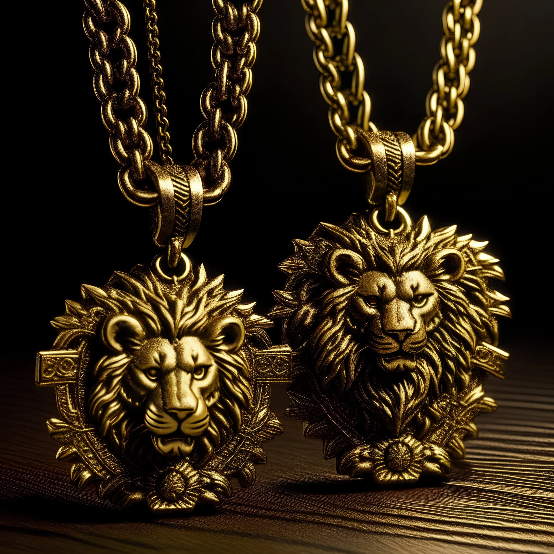 A pair of gold chains, one with a lion pendant and the other with a porcupine pendant, hang from a wooden cross, symbolizing the struggle and sacrifice of the antiworld gangsters.