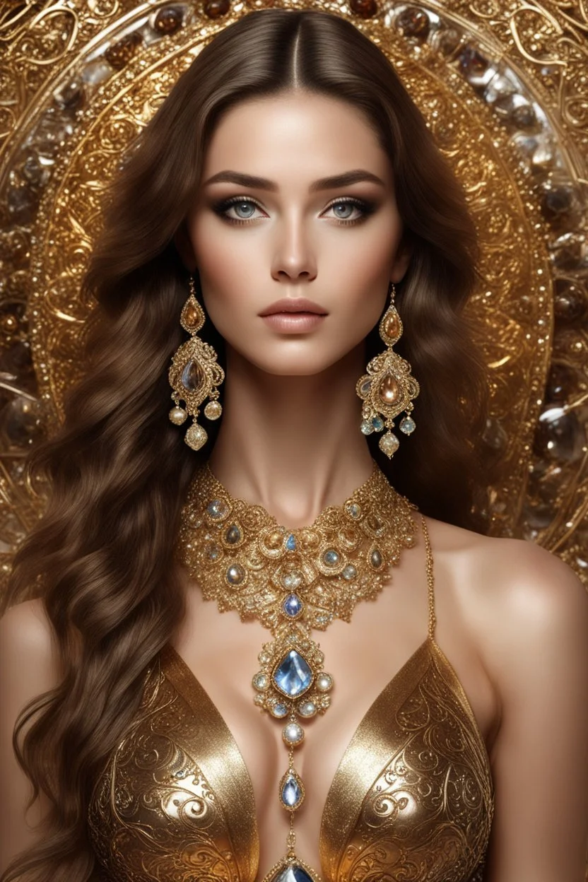 Fullbody photography ultra realistic natural beauty of young woman, beautiful, shiny hard eyes, make up, shiny baubles, ornate, large gemstones, shiny molten golden metalics, shiny wire filigree, luxury jewelry diamonds background,brown hair, high definition, high res,establishing shot