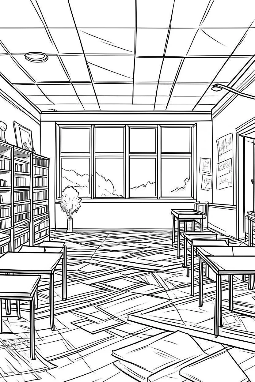 Outline art, class room interior design, no shading, no lines, cartoon style, --ar 9:11