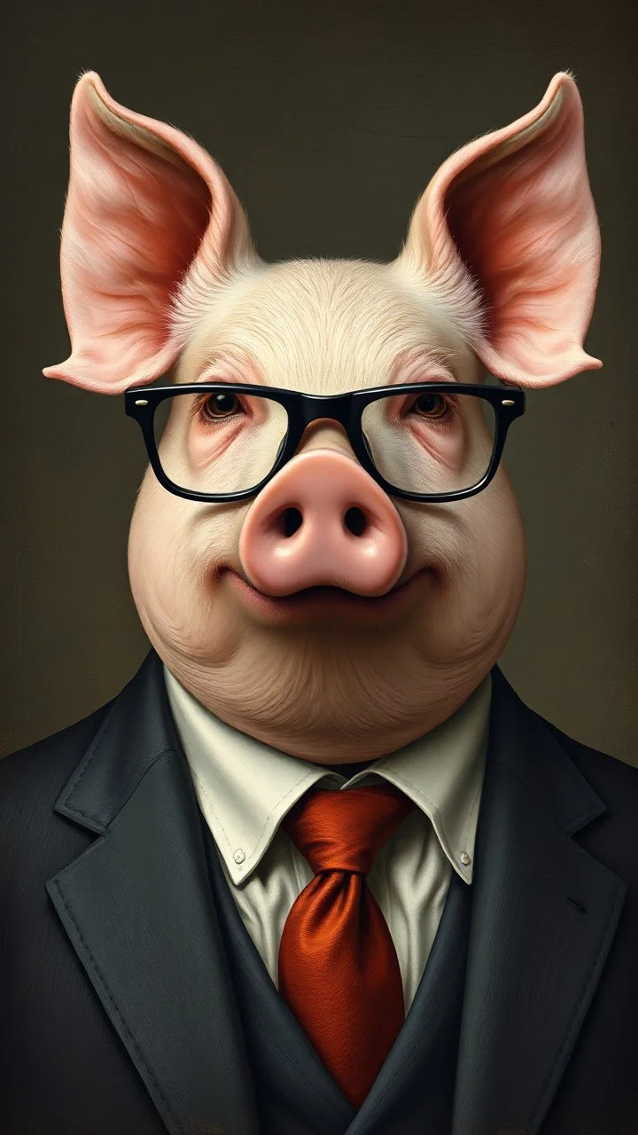 Hieronymus Bosch style , a pig with eyeglasses head man wearing a business suit