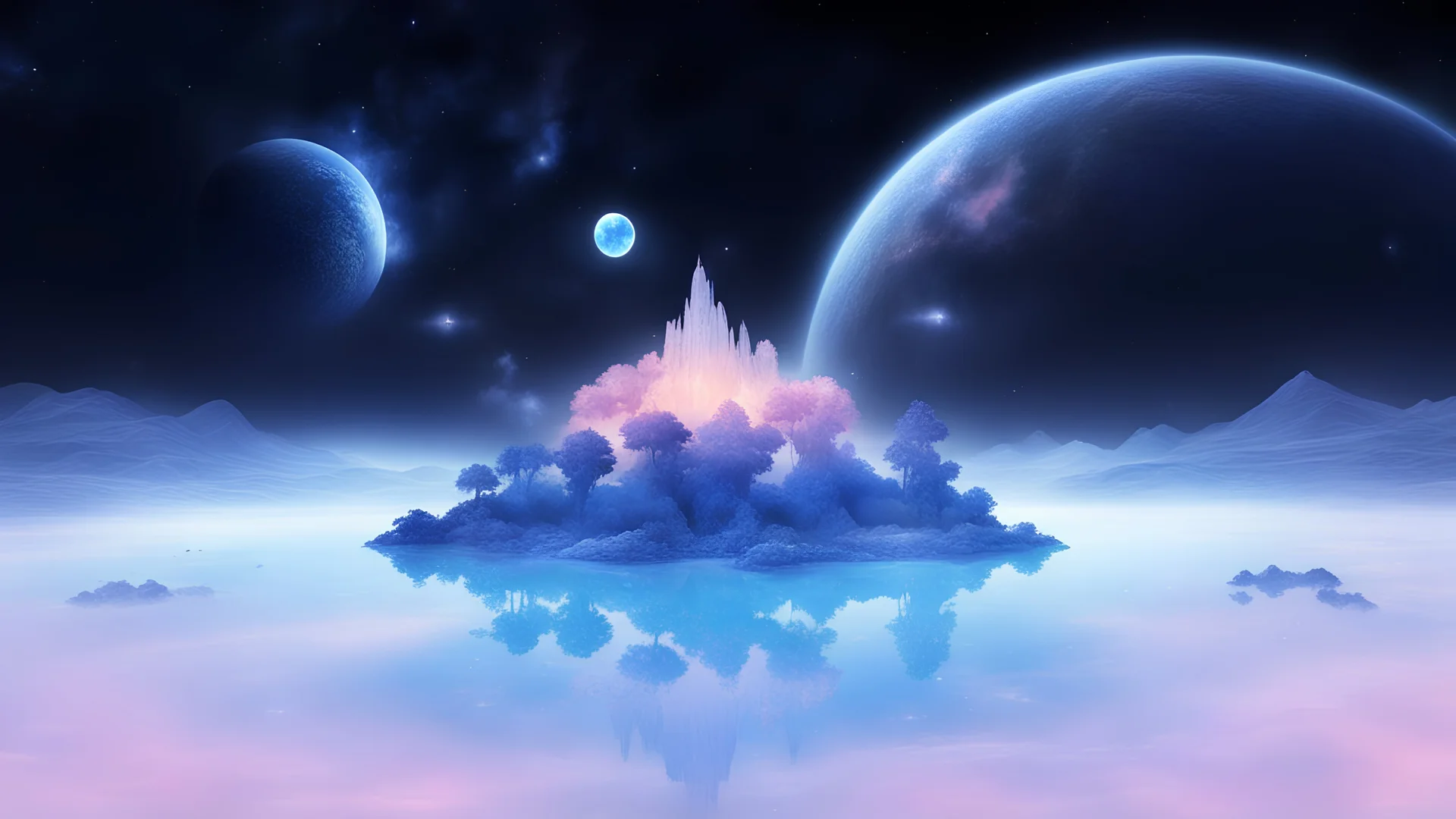 Cosmic realm, Islands, Blue trees, fairies