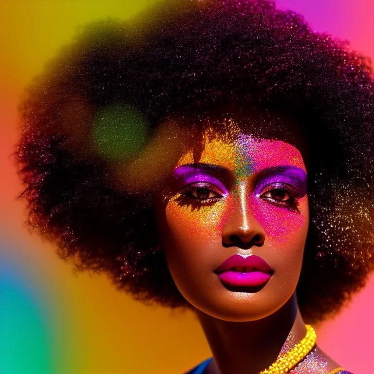 masterpiece, best quality, woman, dark skinned, sparkling eyes, fluorescent skin, colorful makeup, afro, head shot, highly detailed body, sun light, 4K, RAW, depth of field, high contrast, realistic details, 24mm