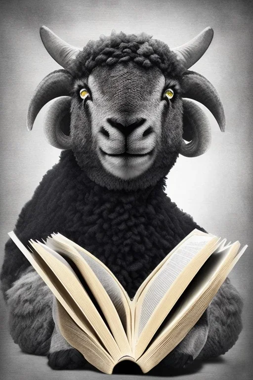 one black sheep reads a book, white sheep herd sleep