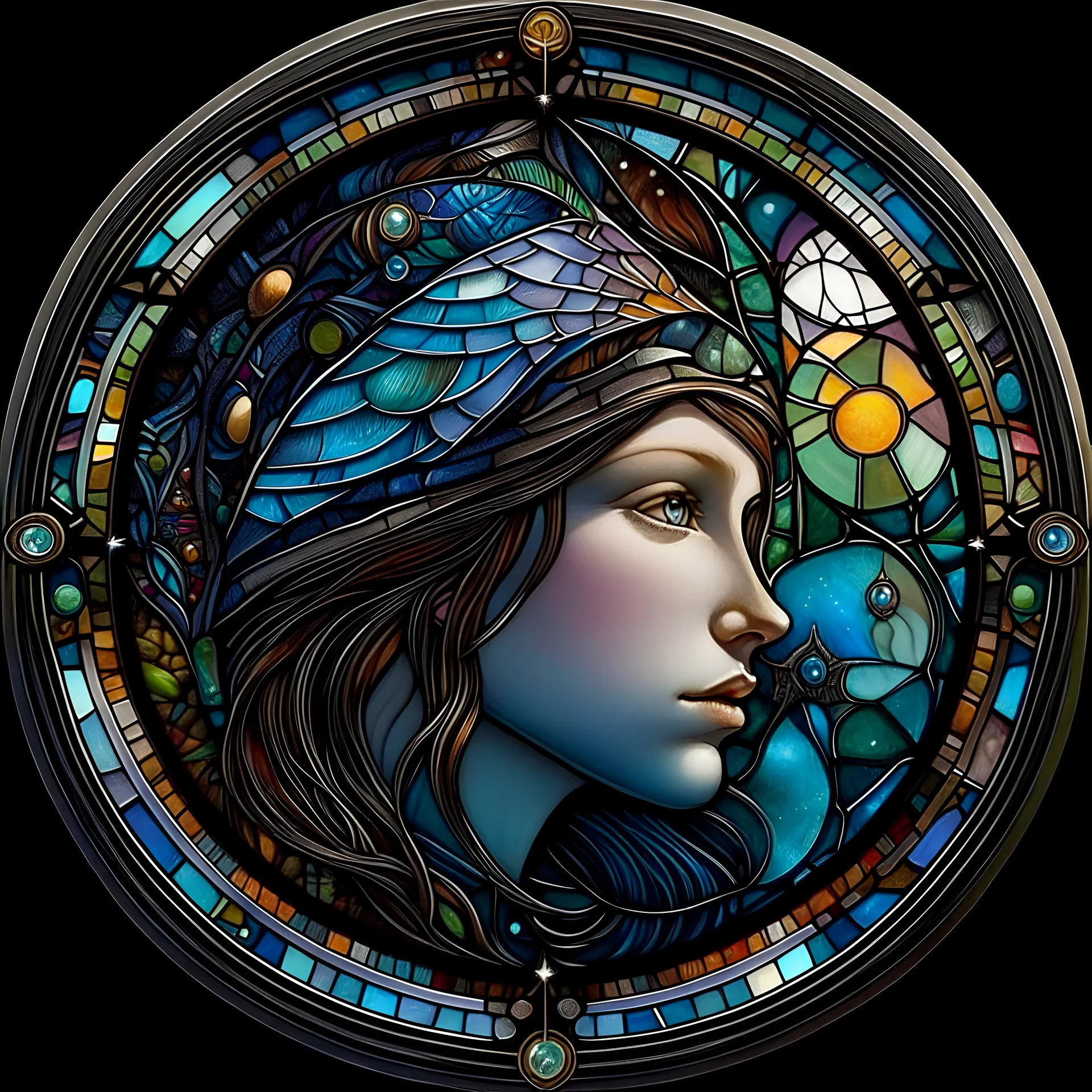 Refractive stained glass patchwork Patty walking the magic jewel carved galaxy path. Alex Alemany collaboration with Jean Baptiste Monge. Catherine Able. highly detailed, elegant, extremely detailed, fantasy, intricate, beautiful, high detail, fantastic view, close up, ultra detailed, colourful