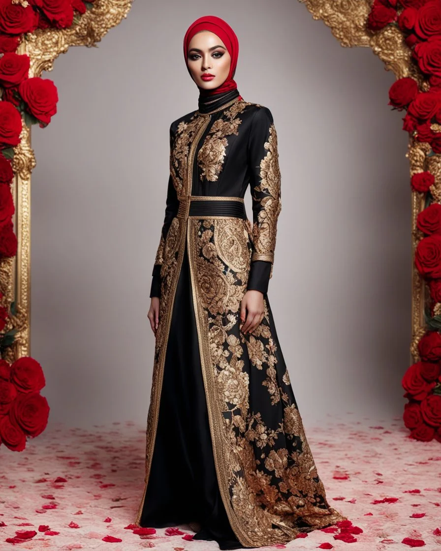 Full length Luxury potrait of a beautiful super model hijab beauty makeup cosmetic,she wearing islamic a luxurious details pattern color gold and black casual jacket with designed large flower details that resemble roses.The dress has an asymmetrical design with one sleeve and a flowing skirt.background of the image shows a red carpet event with floral decorations,close-up portrait