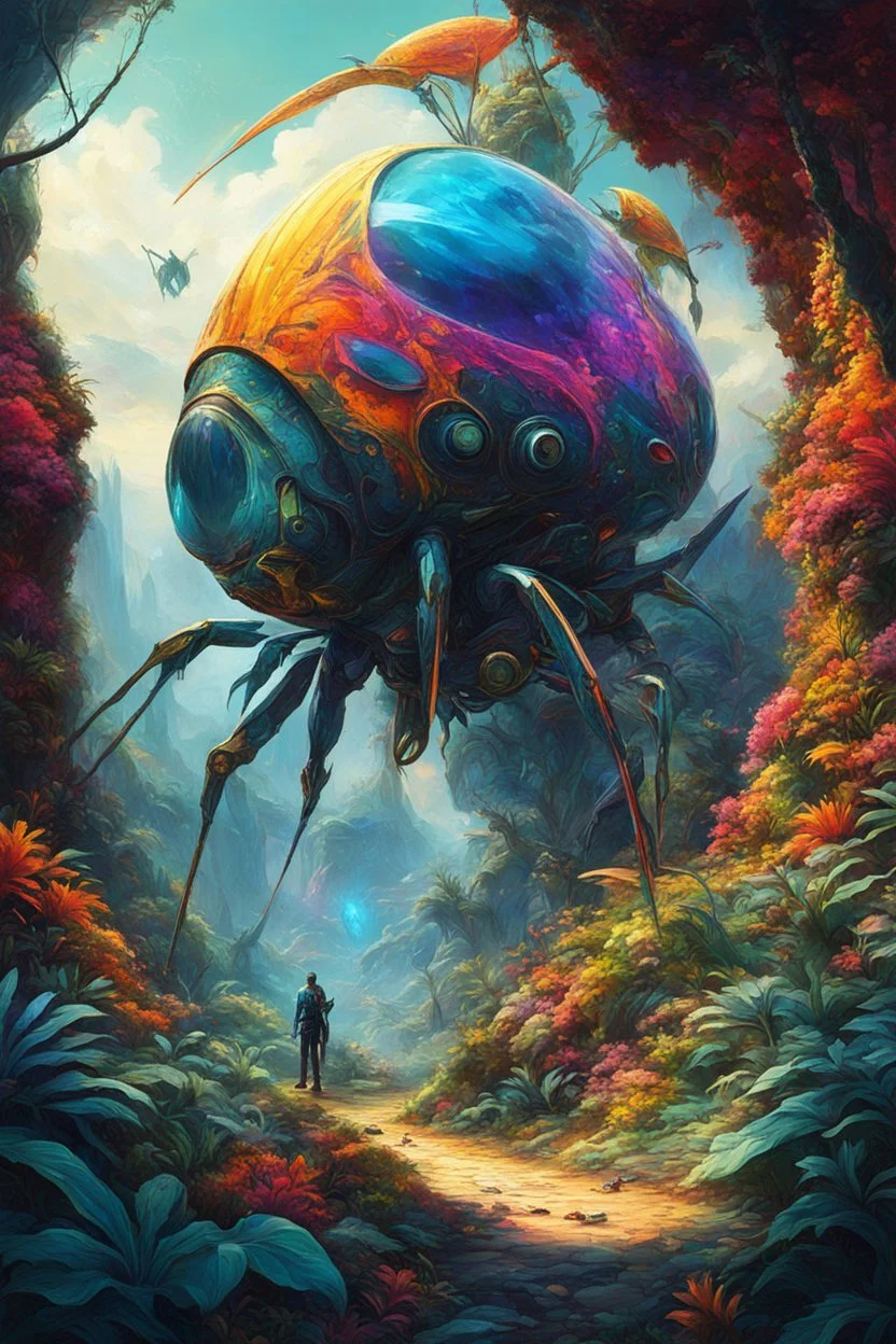 The exploration team is enchanted by the vibrant colors and otherworldly beauty that surrounds them. They are simultaneously captivated and cautious, as menacing giant alien insects and exotic flora inhabit the landscape. The team embraces the allure of the surreal surroundings, their eyes drawn to the kaleidoscope of hues. However, they remain aware of the potential dangers posed by the towering creatures and mysterious plants. Their fascination with the vibrant colors is tempered by a deep res