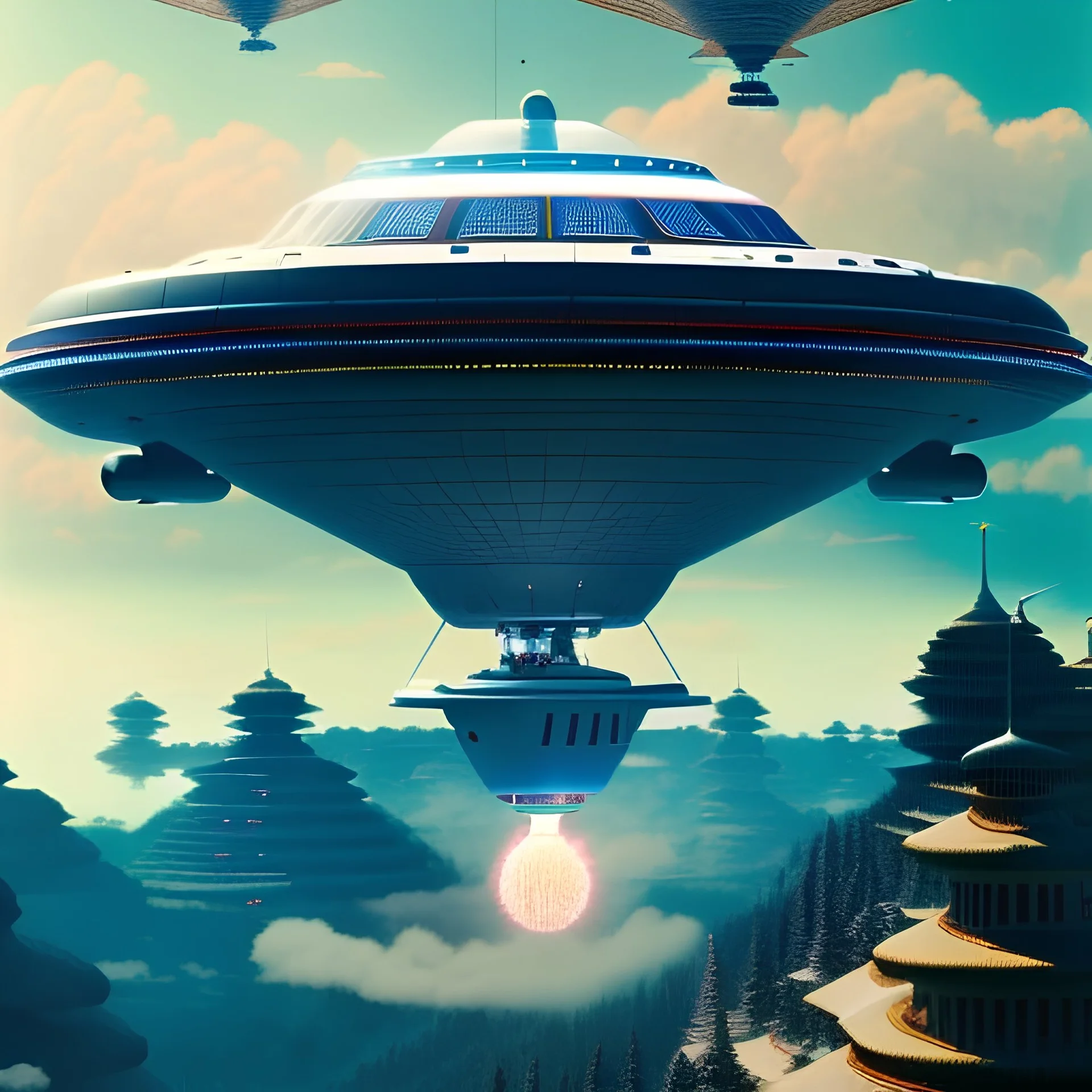 fullbody Drawing of 'Haunebu-II WW2 Flying Saucer',intricate detail,andrea bonelli,Kilian Eng,Ohrai,evan lee,Aleksandr Sidelnikov,KyuYong Eom,three quarters frontal aerial view,toned colors,16k