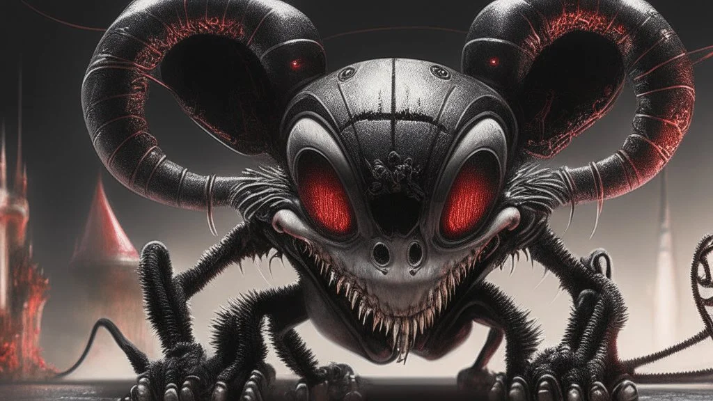 a spider mickey mouse hybrid, photorealism, movie screen capture, horror, sci-fi, retrofuturism, evil, demon-like