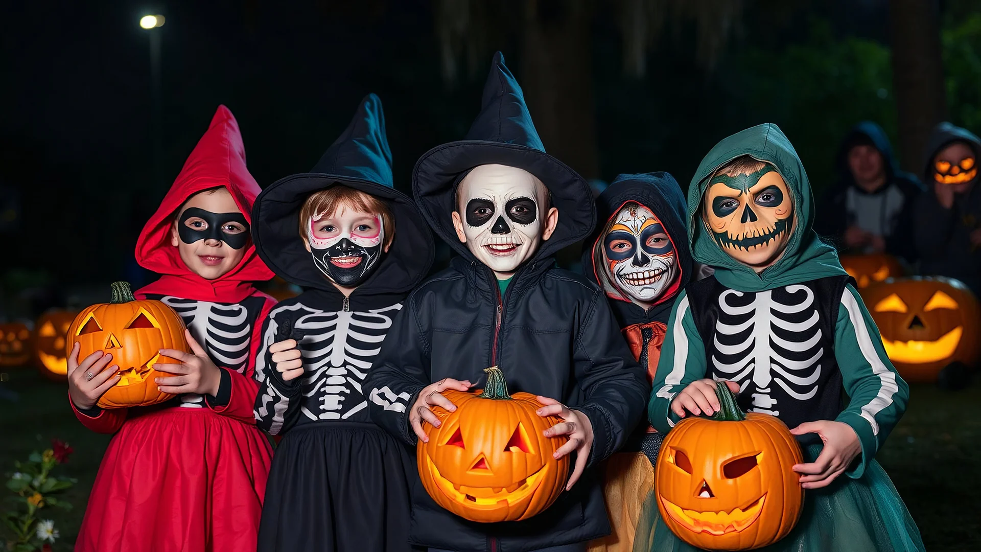 Halloween celebration, young children in disguises, fancy dress, scary masks, skeleton, trick-or-treat, fun, happy, excitement, carved-pumpkin-faces, spooky, night, award-winning photograph