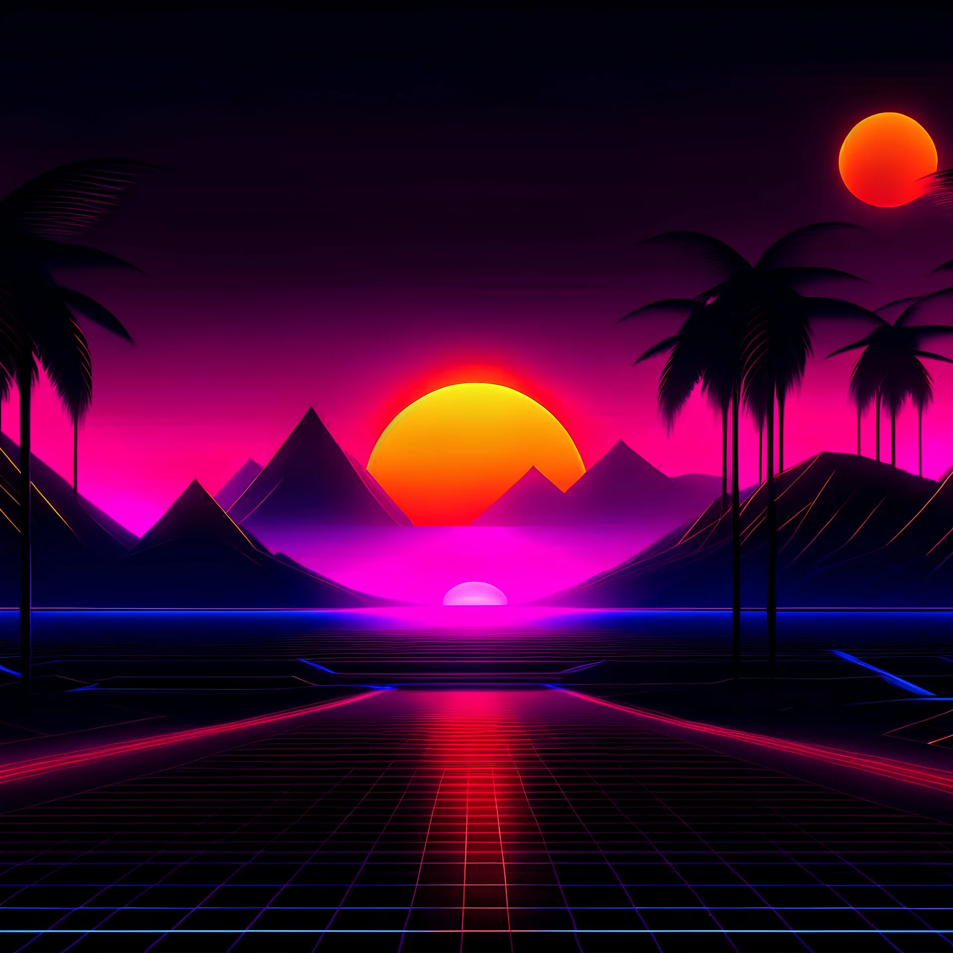 twilight memories, synthwave pistures style, with neon lights and the sun far away