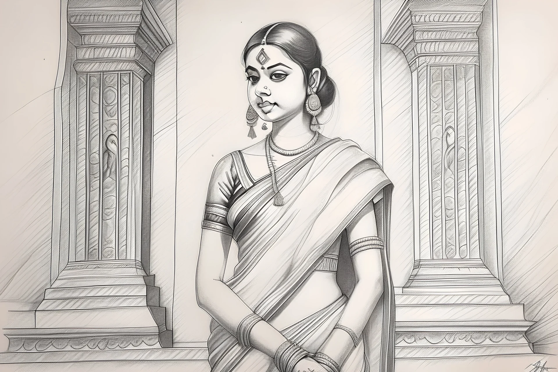 pencil sketch of a girl in a temple in a saree