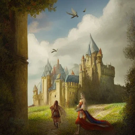 Epic Castle into sky, with flowers of fyre. Huge clouds and birds. Shy girl going out of the main gate. Detailed painting, sharp color, medieval, intricate detail, far sceen, realistic colors, medieval concept art. spring.