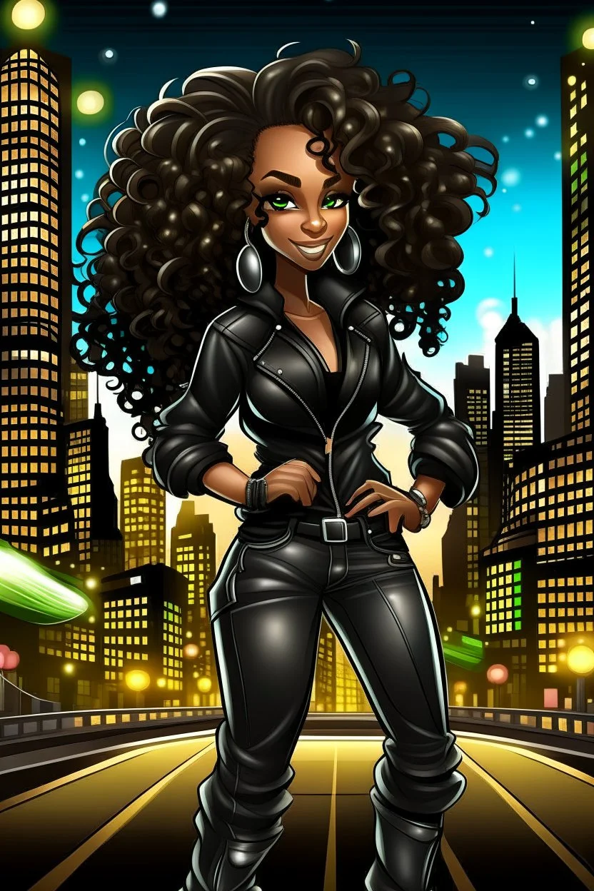 Create a digital airbrush cartoon of an African American female wearing a black jean outfit with timberland boots. Prominent make up with hazel eyes. She is wearing large diamond hoop earrings. Extremely highly detailed very long curly hair that shines. Background of a night club.