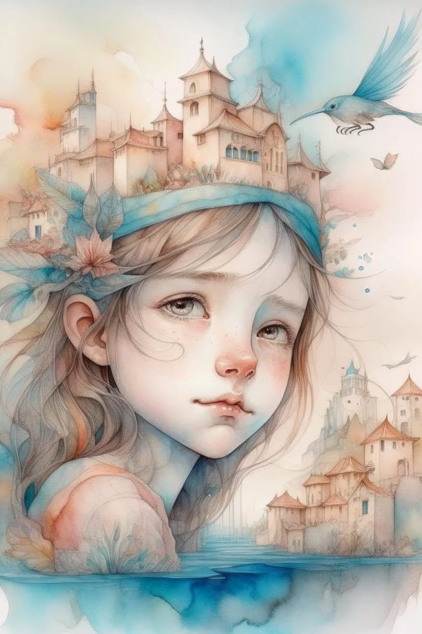 The place where the Dream and its followers live. Watercolor, fine drawing, beautiful children portret, pixel graphics, lots of details, pastel aqua colors, delicate sensuality, realistic, high quality, work of art, hyperdetalization, professional, filigree, hazy haze, hyperrealism, professional, transparent, delicate pastel tones, back lighting, contrast, fantastic, nature+space, Milky Way, fabulous, unreal, translucent, glowing