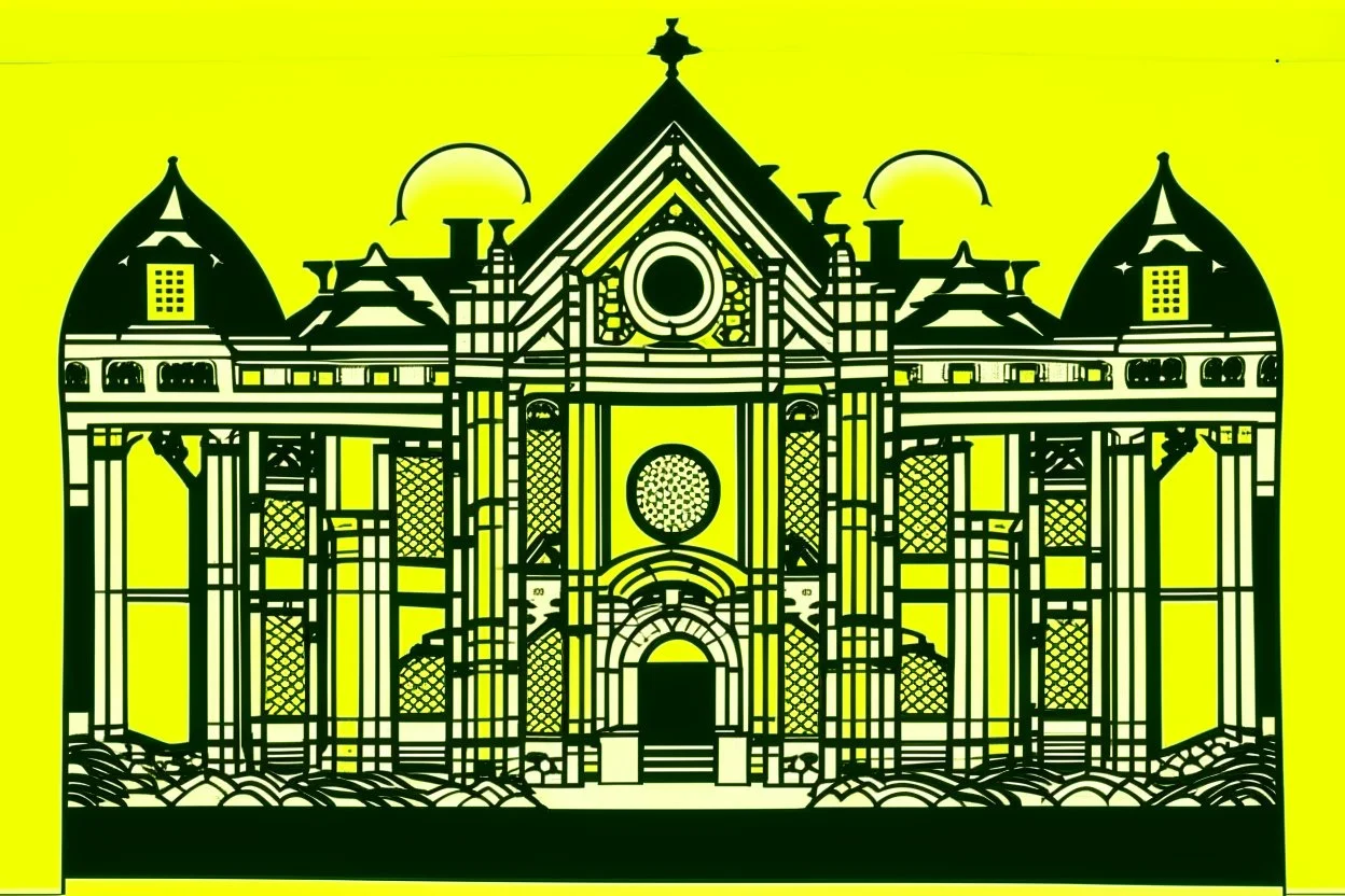 A pale greenish yellow flashing palace with defensive shields painted by Roy Lichtenstein