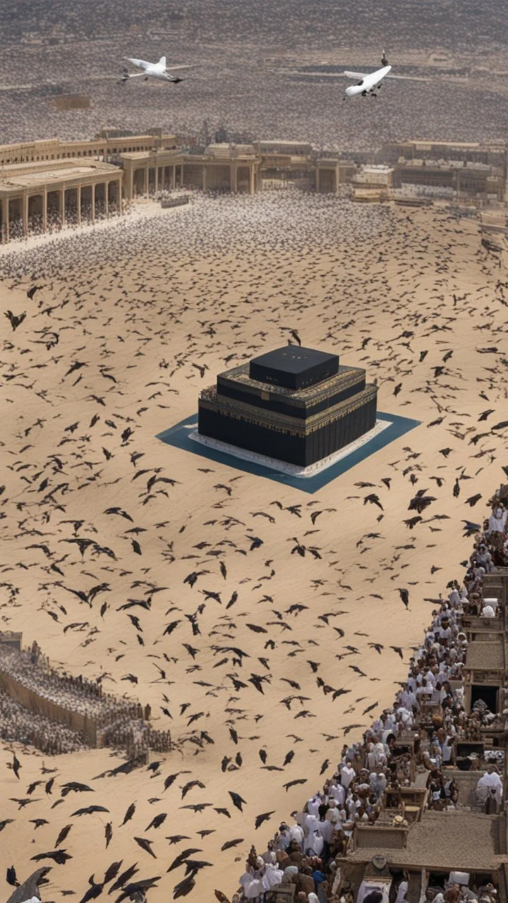 Many birds fly over the Kaaba, and around the Kaaba are small houses and a desert