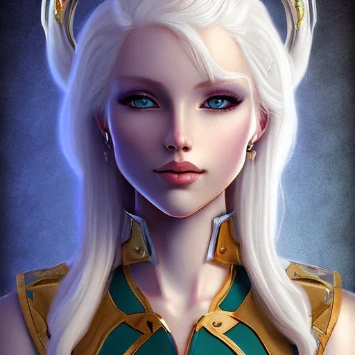 D&D cleric, female, platinum blonde hair, smiling, teal armor, gold eyes