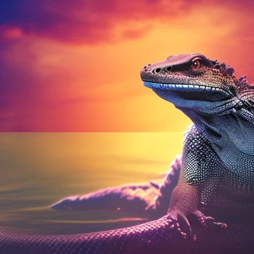 Black monitor lizard with a flower crown on floating behind a sunset with bubbles