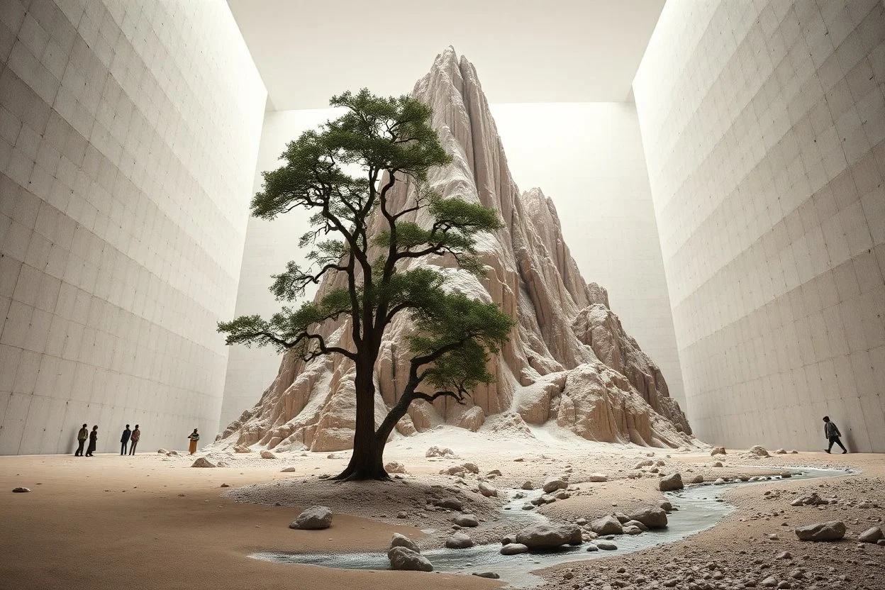 Photograph, a mass of terrain, giant museum space, tree, high walls, high peak in a room, rag, powder, brook, persons, sediments, deflagration of the background, geological formation, light, architecture, minimalist, details of the terrain very accentuated, 8k, deep 3d field, sharp, brutalist, hasselblad h6d400c --ar 85:128 --v 6.0