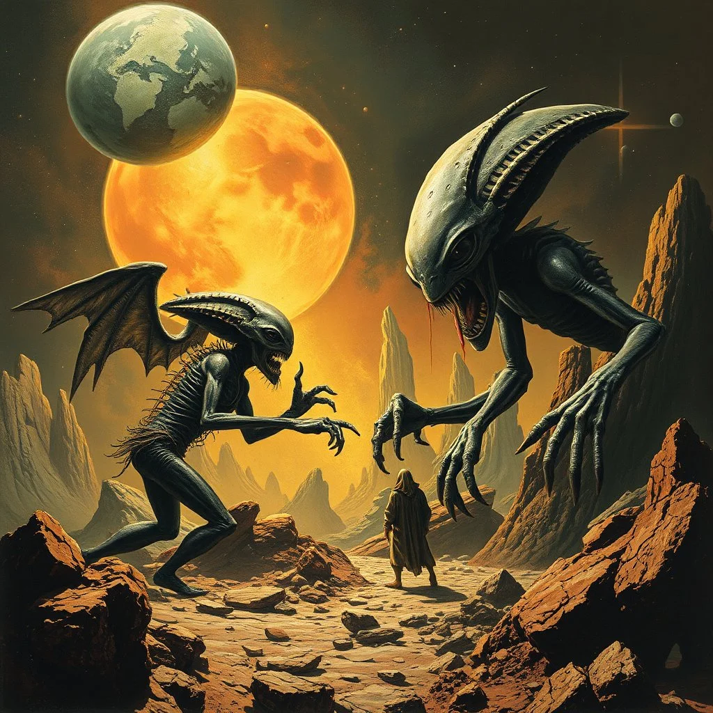 a high definition screen shot of a ancient alien comic book cover detailing the creatures found on other worlds, retrofuturistic, phototrealism, Macabre Rapture End of days Revelation scene, isanely detailed matte oil painting, sinner apotheosis,diagonal composition, unbalanced, abstract surreal horror, eerie, scary warm colors, Eldritch, JonKnockTurnal 2999 ufo, bilaterally