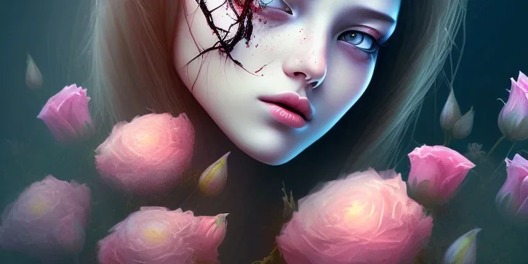 girl buried in flowers, dead, decaying, beautiful