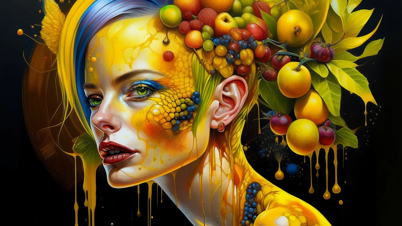 Punk woman 49 years old, hair made of Fruits, Grapes, tangerines, gold, gouache, watercolor, acrylic, paint drips, branches, fine drawing, golden makeup, bees, tattoo, alien, bright colors, fine drawing, double exposure, high detail , high resolution, 8K, 3D, bees,