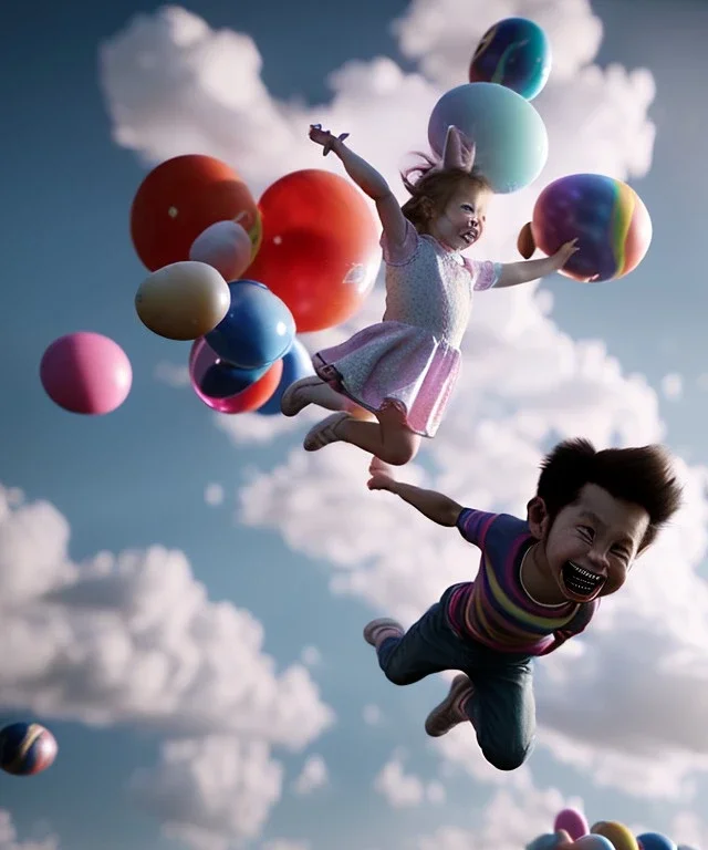 Ultra realistic speed clouds sky scene, wide angle view, childs falling down with many Childs background, rabbit head, circus dress style, feather color, free jumping flying, many trinkets, hair monster, many jelly beans, balls, color smoke, smile, happy, extreme, wind, clouds sea, 20,000 feet altitude, stratosphere, soft color, highly detailed, unreal engine 5, ray tracing, RTX, lumen lighting, ultra detail, volumetric lighting, 3d, finely drawn, high definition, high resolution.