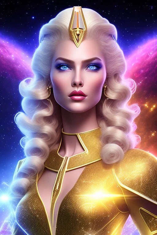 Beautiful tall woman Pleiadian galactic commander, ship, perfect detailed face, detailed golden galactic suit, high rank, long blond hair, hand with five perfect detailed fingers, amazing big blue eyes, smiling mouth, high definition lips, cosmic happiness, bright colours, blue, pink, gold, jewels, realistic, real photo, bright and sunny background, very detailed, high contrast, high definition 8k, pixel 512X512, unreal engine 5, extremely sharp details, light effect, br