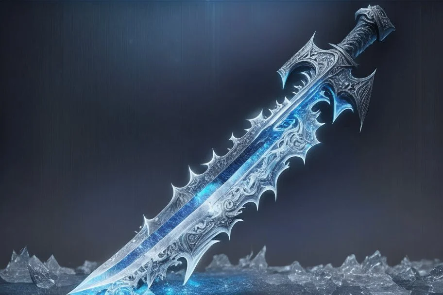 One fantasy greatsword that is slender, translucent blade made of ice. The hilt is made up of swirling vines, a vibrant crystal at the pommel. With a black background behind it. HD