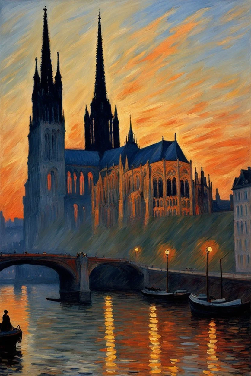 a painting of the Rouen Cathedreal at sunset by artist "Claude Monet"