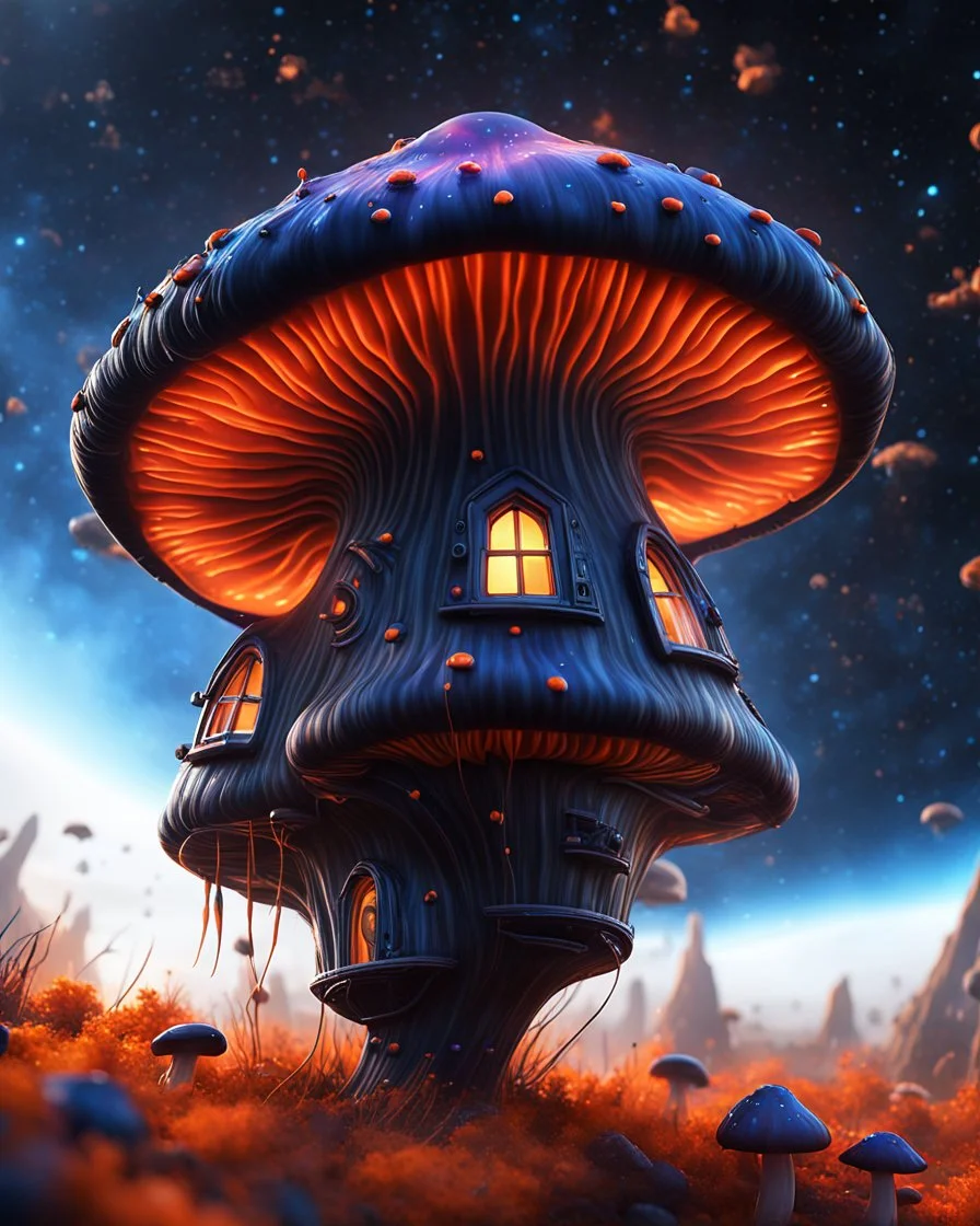 A weird floating mushroom house in galactic space. black blue orange and white, Dark cosmic interstellar. Detailed Matte Painting, deep color, fantastical, intricate detail, splash screen, hyperdetailed, insane depth, concept art, 8k resolution, trending on Artstation, Unreal Engine 5, color depth, backlit, splash art, dramatic, High Quality Whimsical Fun Imaginative unusual, good composition