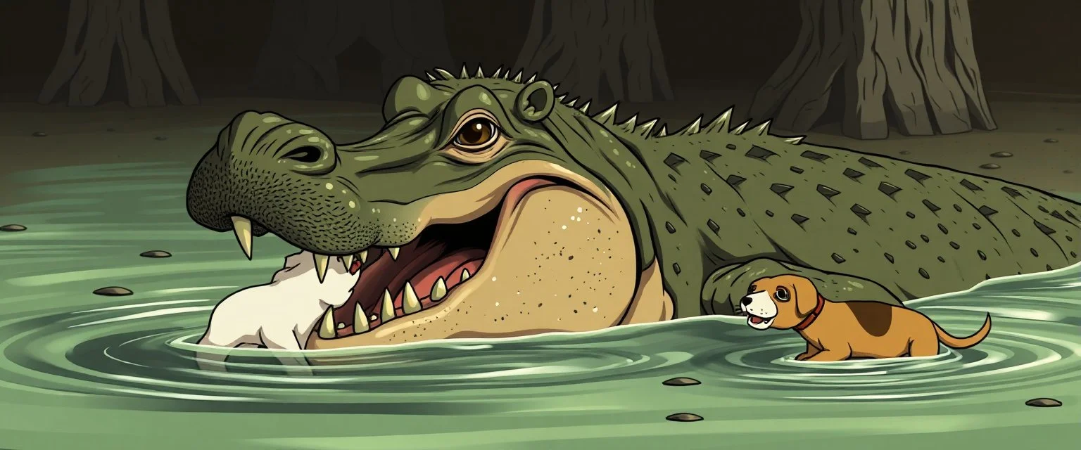 realistic anime crocodile hippo dog mustache manwith fluffy hair, doing dog things and eating small dog in the style of fallout 4 and giger and escher