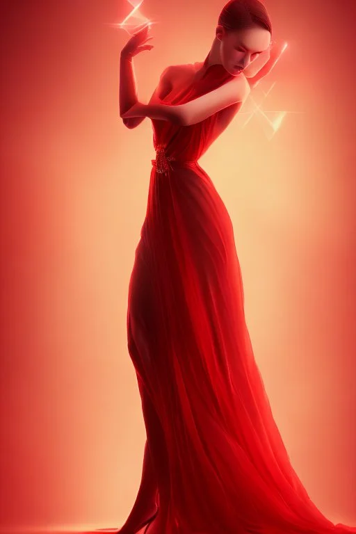 Adorable woman in red gown volumetric light ray in haze nude