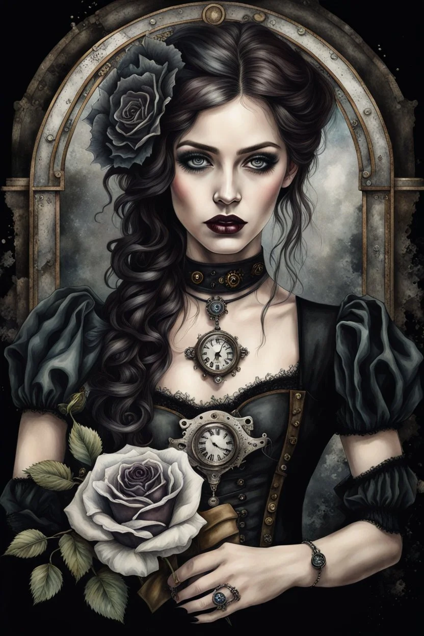 hyper photorealistic watercolor art style of a steampunk gothic style young woman with pale skin, big dark eyes, tiny nose, tiny mouth and messy dark hair , deep, dark colors, holding a black rose. She is gothic dressed, her expression is melancholic, surreal with mysterious elements. smooth blending, extremely detailed, realistic textures, cinematic, dramatic lighting