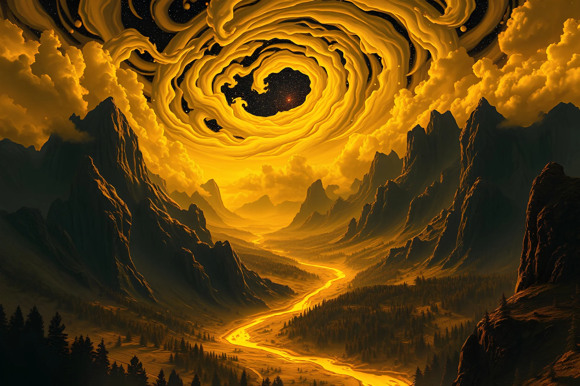 "An awe-inspiring portrayal of breathtaking landscapes from a fantastical world, rendered in vivid detail using a striking black and yellow color palette. The scene is filled with otherworldly elements, where towering mountains, vast plains, and mysterious forests are bathed in golden hues, contrasted against deep shadows of black. The sky above is a swirling mix of luminous yellow clouds and dark, star-studded expanses, creating a dramatic and surreal atmosphere. Rivers of molten gold wind thro