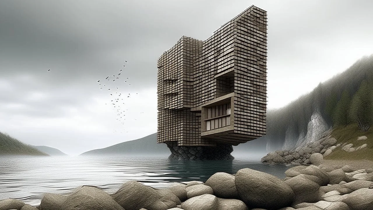 MINIMALIST CUBIC BUILDING ON THE ROCKY SHORE OF A LAKE, Ultra detailed, Sasquatch, Nature photography, Tornado, Honeycombs