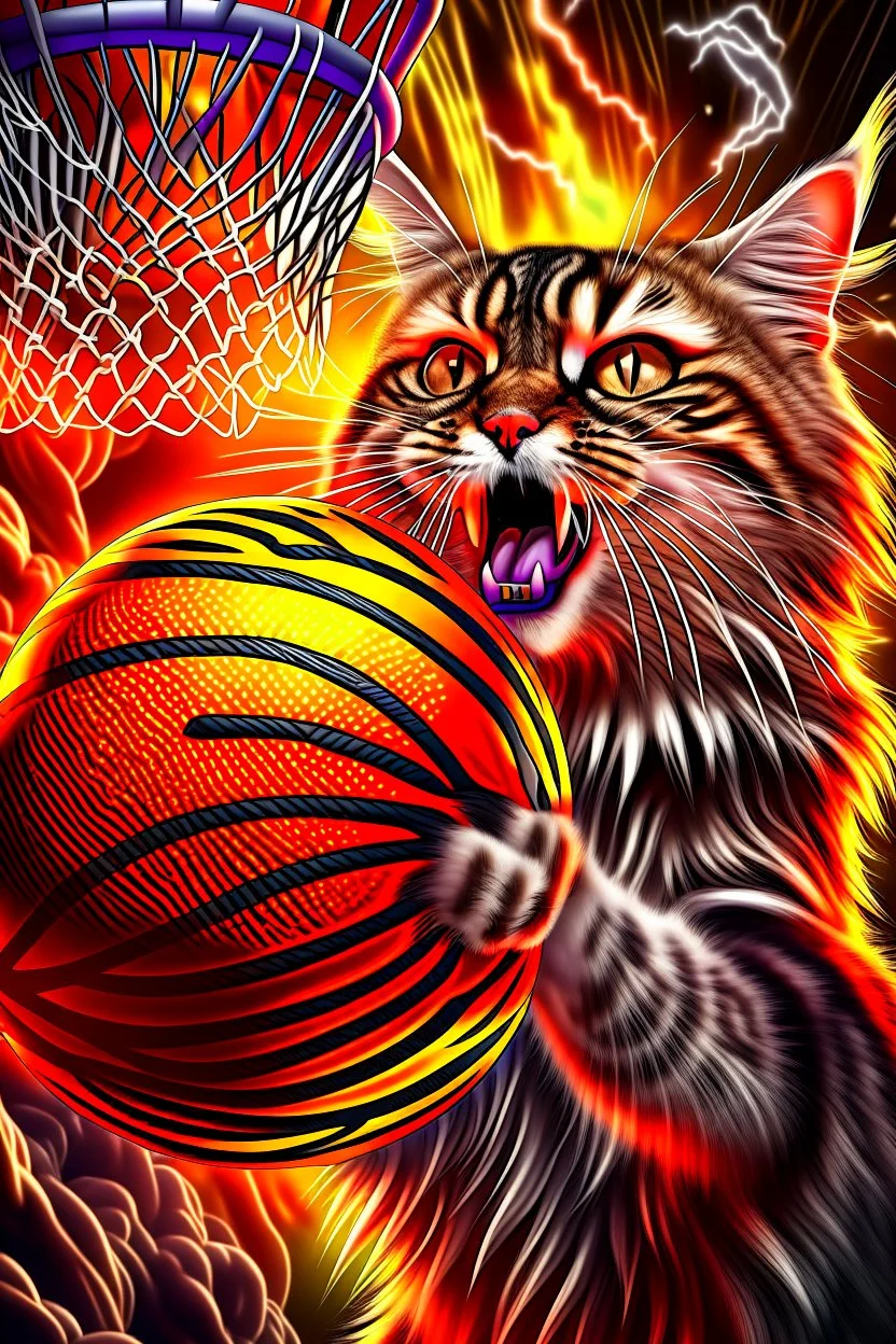 13k, highly realistic and detailed image of a NBA cat basketball player in action dunking the ball in the net, sweaty hair, screaming look,action and explosive background