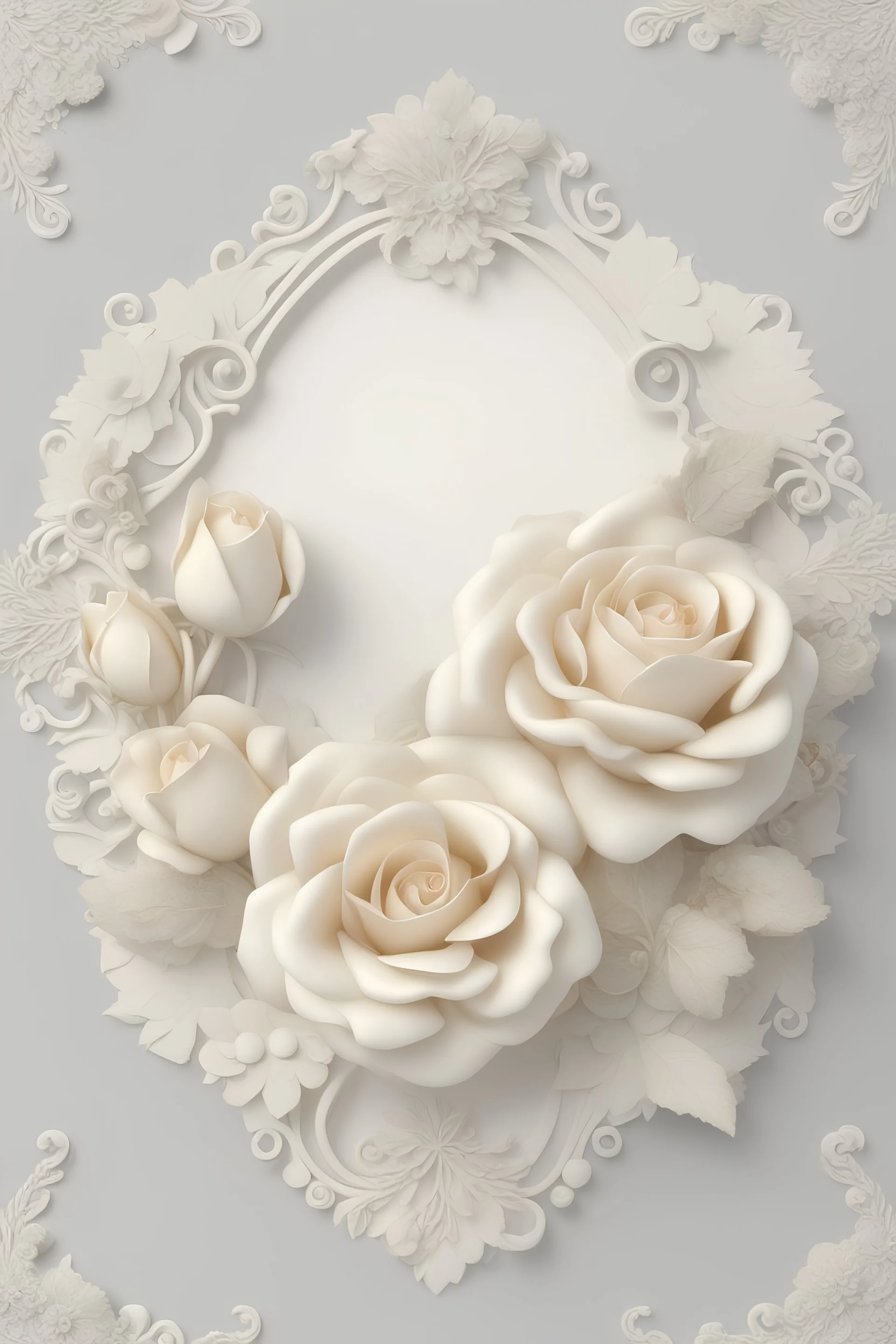 elegant card, creamy white color, 3D, the edges of the card are filled with minutes roses and flowers, colorful, glittery,3D, the position of the card on the one side of the image, the background of the image is creamy grey in color 3D