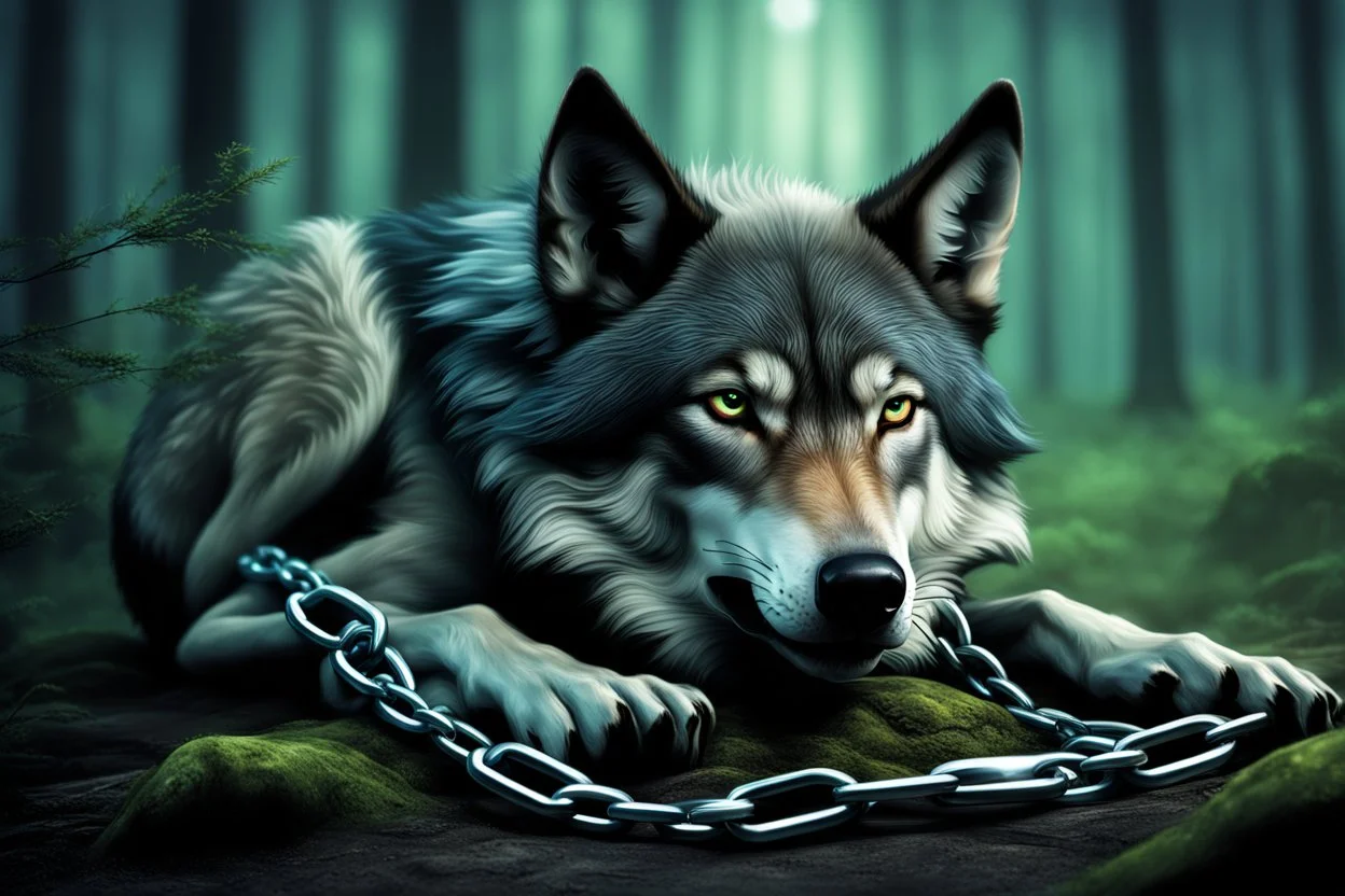 sad wolf with a chain around its neck laying down, photorealistic, dark fantasy, forest