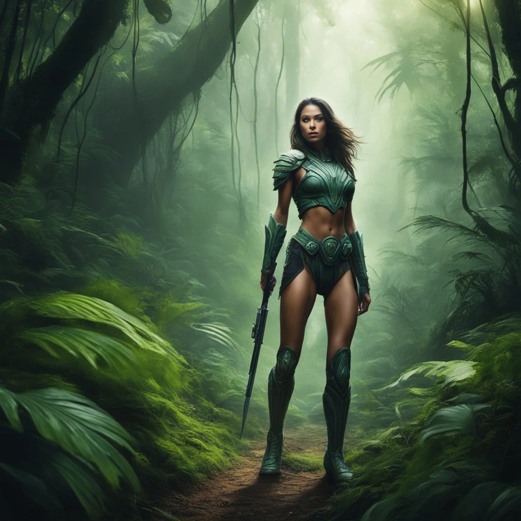 With each step, the thin female alien warrior cautiously advanced through the dense foliage of the jungle. The air hung heavy with anticipation, mingling with the earthy scent of the forest floor. Her keen senses honed by years of training, she remained alert, ready for whatever awaited her.