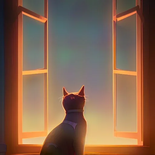 cama, amanecer, ventana, esperanza, gato