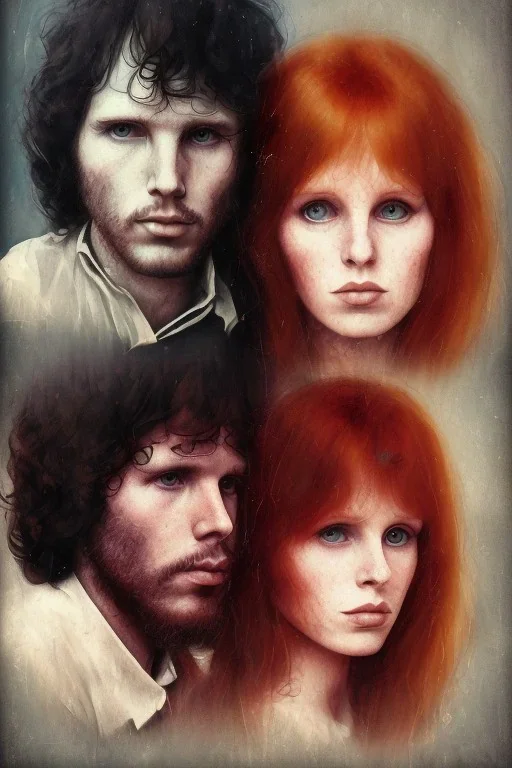 Jim Morrison and Pamela Courson ,music, ignoreNSFW, watermark, bohemian style , blurry,beautiful,elegant,roses, fantasy by ann dittman