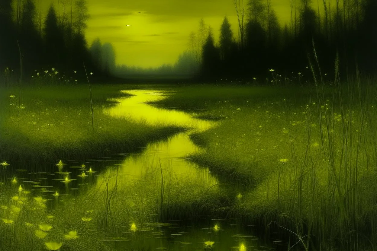 A light yellow marsh with fireflies painted by Albrecht Durer
