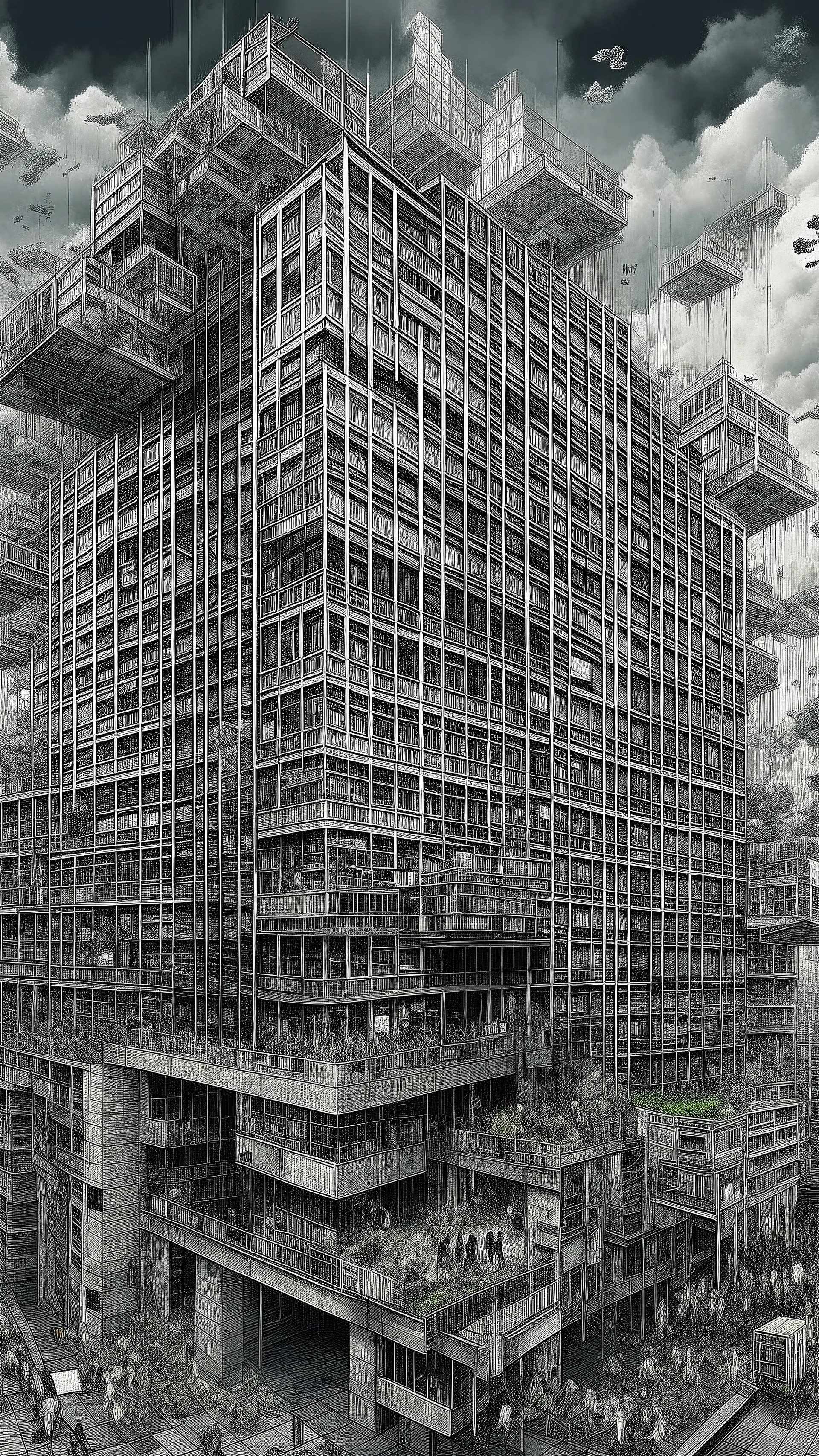 Synthography Art in Bocsh painting style generated Of a high rise building with visual details of mechanical and electrical components and chips and components textures with gray clouds storm in the background. Filled with people’s and balconies