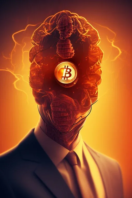 men in the bitcoin brain, Fire theme art, Dark moody night atmosphere, , 8K, close-up face, anatomically perfect face