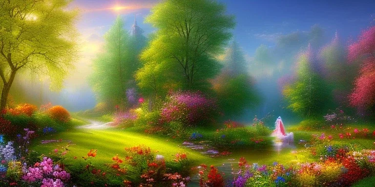 bright fairy, beautiful portrait, flowery landscape