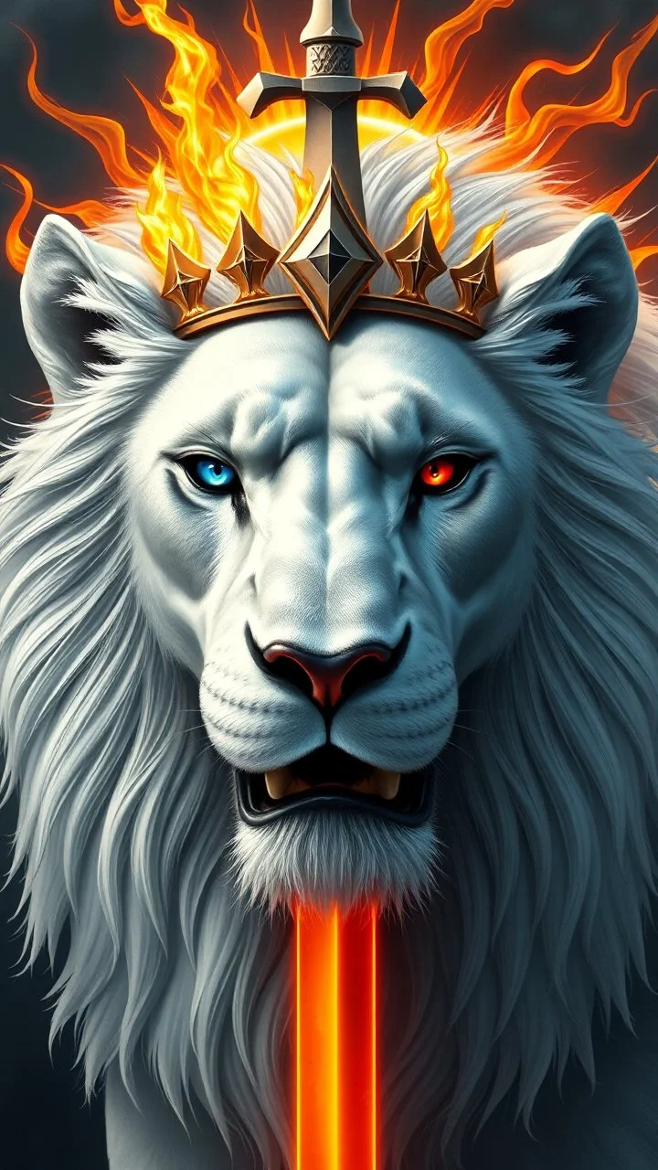 The face of a powerful white lion with one blue eye and one red eye and a crown of fire on the head in the middle of the image with a blazing sun and sword behind her head.