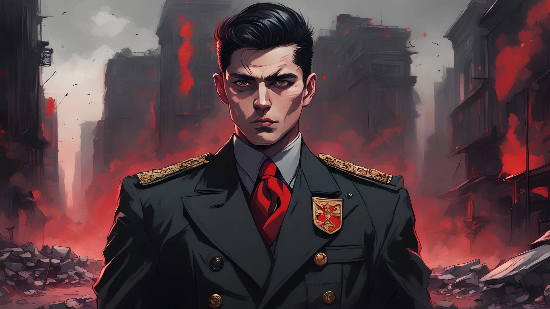 Step into the world of a young human army general, with a portrait that captures every detail of their uniform, from the perfectly pressed suit to the polished buttons. The background is a landscape of devastated city with red and black street corridorsa. But beware, for there is a demonic allure to this general, a hint of darkness lurking beneath the surface. Colors: black and red. Add scrolling binary code, hinting at the technological advancements of the military. Add robots.