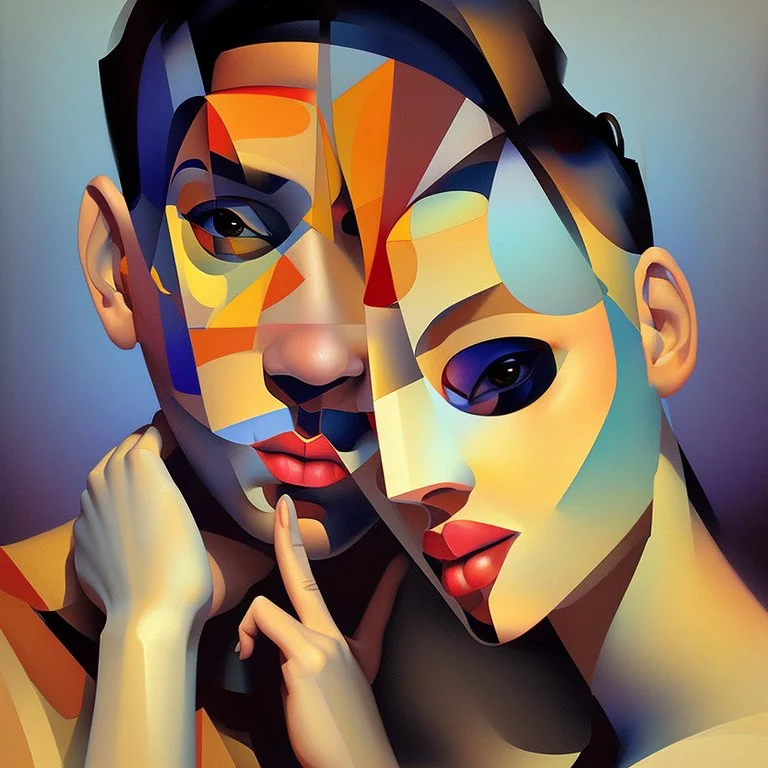 a painting of a man and a woman, a cubist painting by Keith Mallett, cg society, figurative art, cubism, fauvism, art