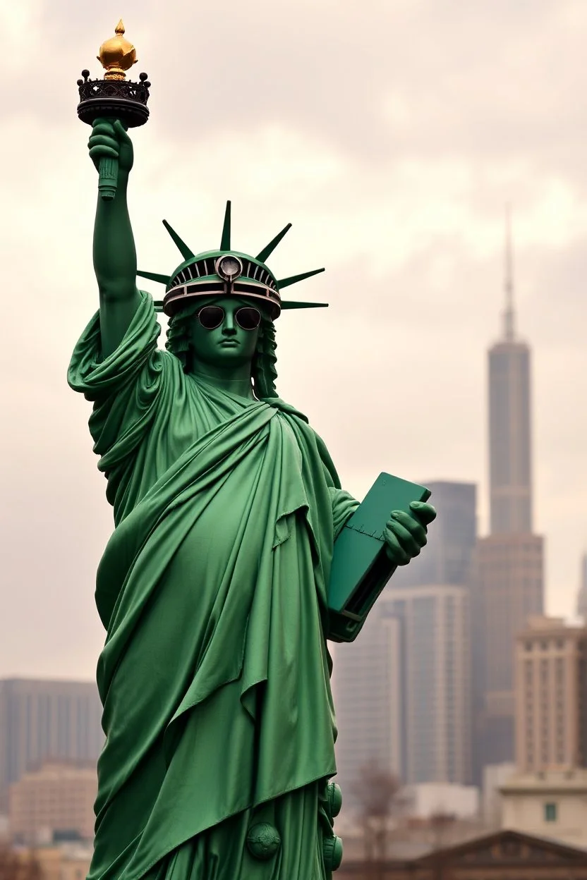 an old green Dalek dressed as the statue of liberty on Satin Island